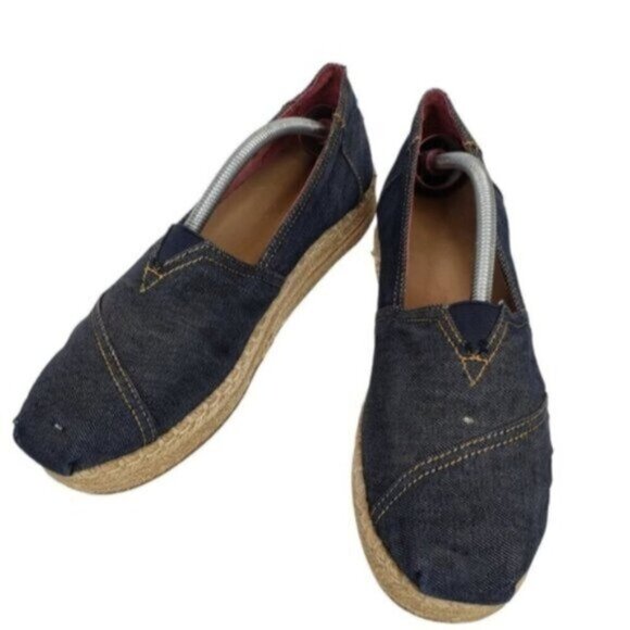 Toms Shoes - Toms Blue Denim Espadrille Platform Slip On Shoes Size 10